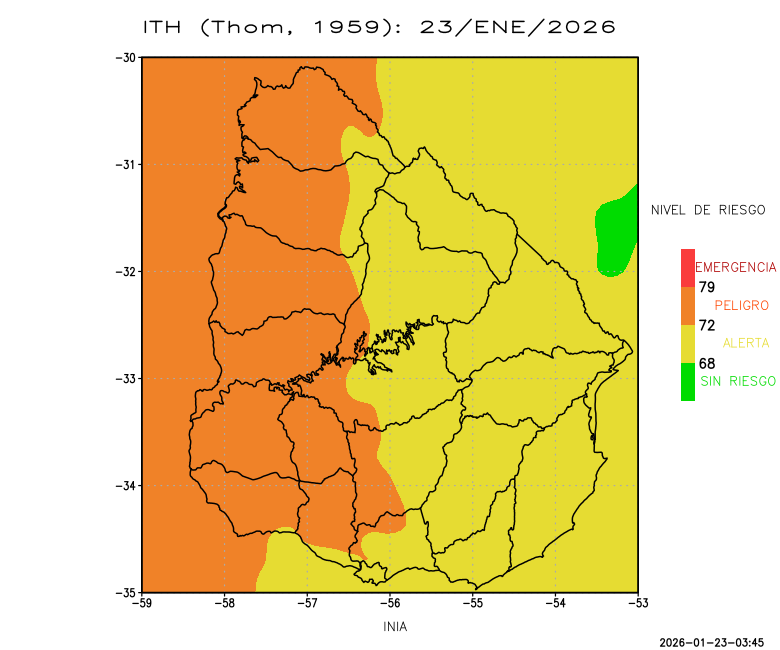 Comienzan las altas sensaciones térmicas para el litoral Oeste de #Uruguay a partir VIE23ene, según ITH (Índice temp y humedad), con condiciones de "peligro" sobre Artigas, Salto, Paysandú, Rio Negro, Soriano, Flores, San José y Colonia. inia.uy/gras/Aplicacio…