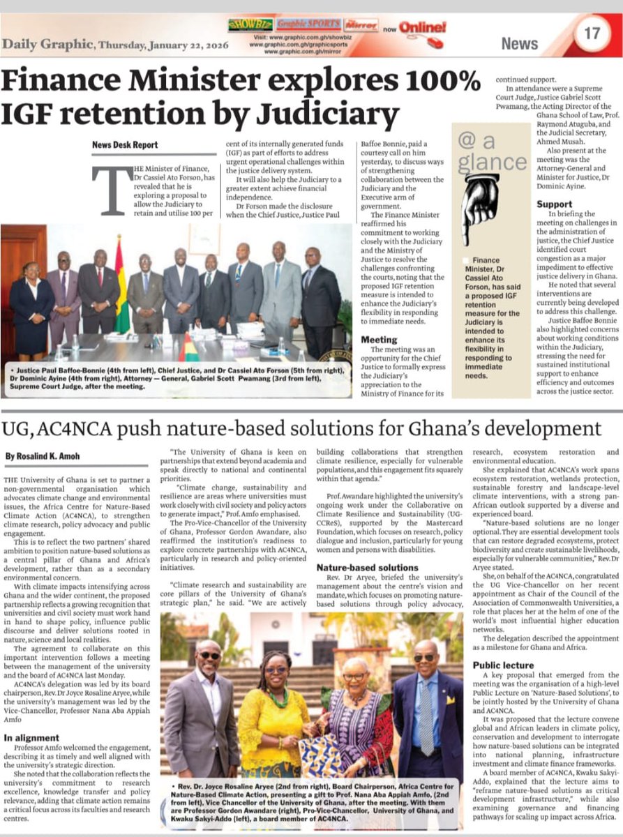ac4nca's tweet photo. Our courtesy call to the @UnivGh_VC of the @UnivofGh, Prof. Nana Aba Appiah Amfo, focused on building a strategic partnership on climate research, policy advocacy &amp; nature-based solutions, has been featured on the front page of Daily Graphic.

Read here:
https://t.co/k9KMbRFaeY https://t.co/rPeMjHOzmt