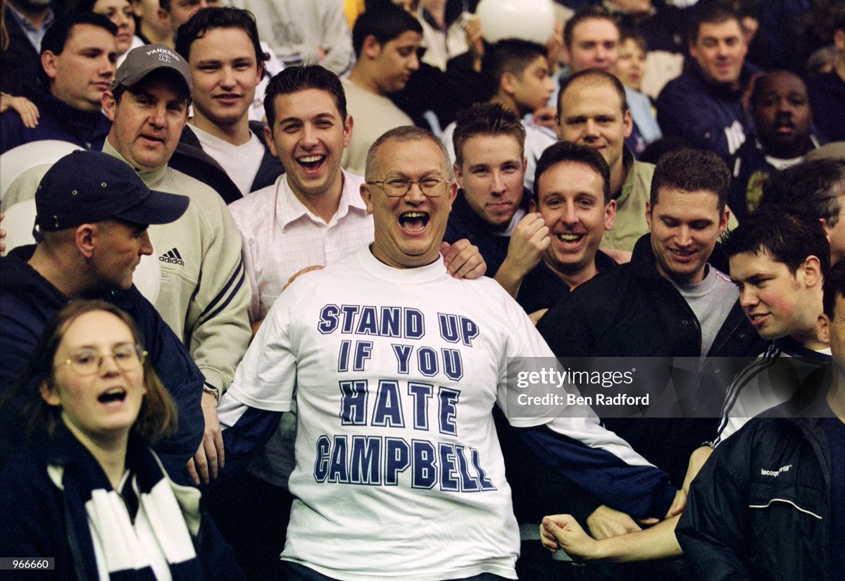 Spurs fans vent their feelings over the departure of ex-player Sol Campbell to rivals Arsenal during the FA Barclaycard Premiership match between Tottenham Hotspur and Arsenal played at White Hart Lane in London. The match ended in a 1 - 1 draw (2001)