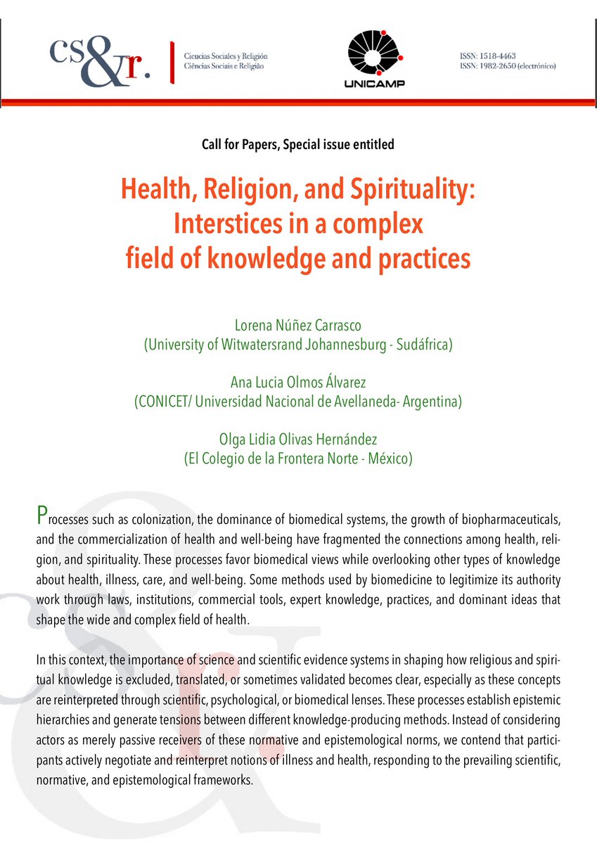 SOSSWits's tweet image. Call for Papers

Special Issue of the Journal of Social Sciences &amp;amp; Religion titled "Health, Religion, and Spirituality: Interstices in a Complex Field of Knowledge and Practices."

Proposals must be sent to the following link: periodicos.sbu.unicamp.br/.../csr/about/…