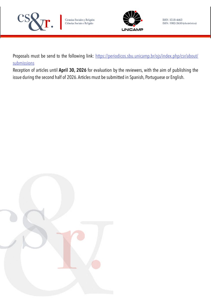 SOSSWits's tweet image. Call for Papers

Special Issue of the Journal of Social Sciences &amp;amp; Religion titled "Health, Religion, and Spirituality: Interstices in a Complex Field of Knowledge and Practices."

Proposals must be sent to the following link: periodicos.sbu.unicamp.br/.../csr/about/…