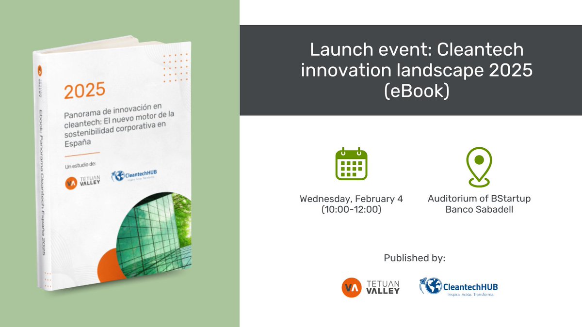tetuanvalley's tweet photo. 🌱 We’ve been researching how sustainability #innovation actually happens

That’s why, we’re presenting our new #ebook on Innovation &amp; Sustainability

🗓 February 4
📍 @BStartup Banco Sabadell, Madrid

🔗 Register here: https://t.co/k6N5fkVpOe https://t.co/tKX3Tkf1l9