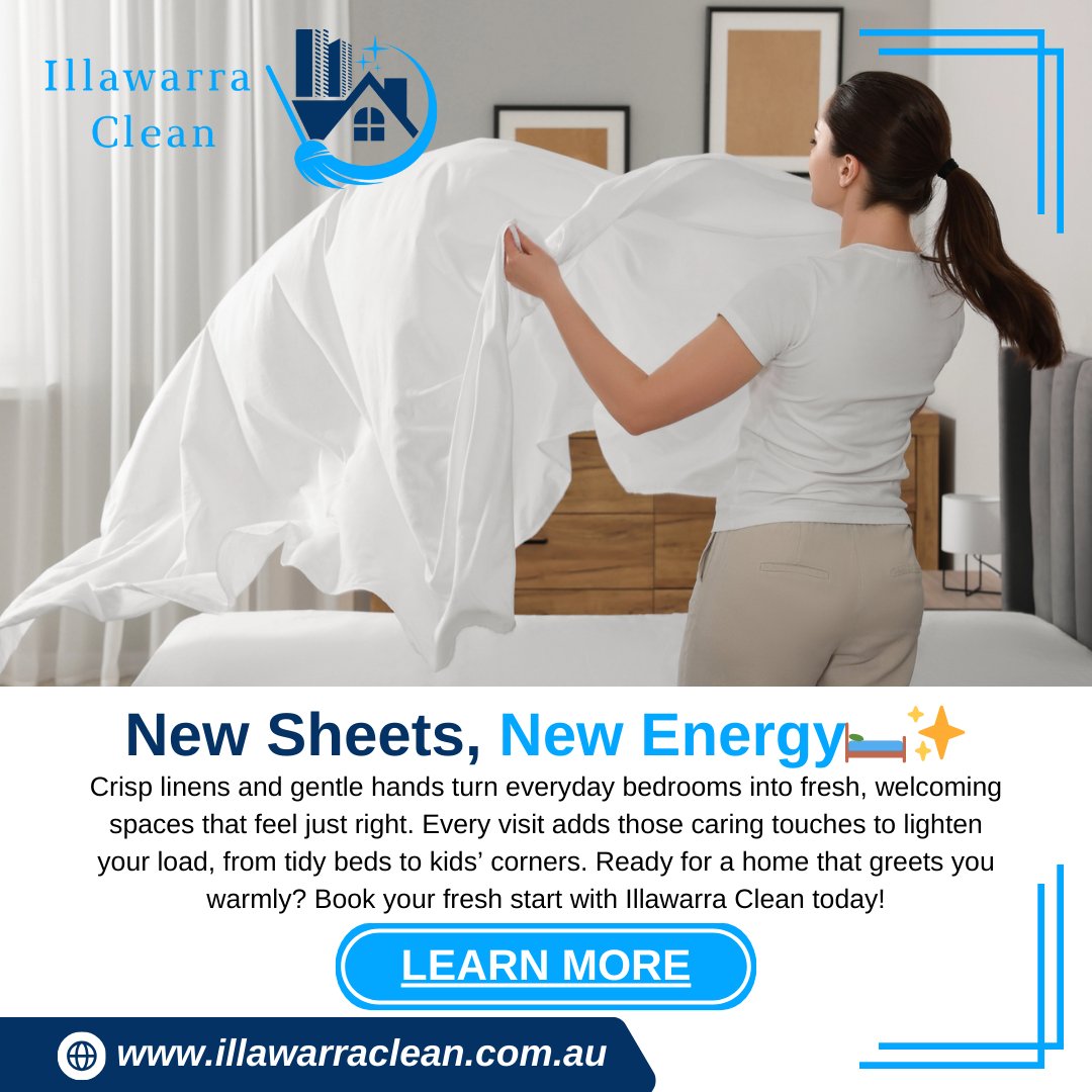 IllawarraClean's tweet photo. New Sheets, New Energy🛏️✨

Crisp linens &amp; gentle hands turn everyday bedrooms into fresh, welcoming spaces that feel just right, lightening your load. Book your fresh start with Illawarra Clean today!

#housecleaningservice #wollongongcleaning #homecleaningservice #freshstarts https://t.co/uAd0dNo0JO