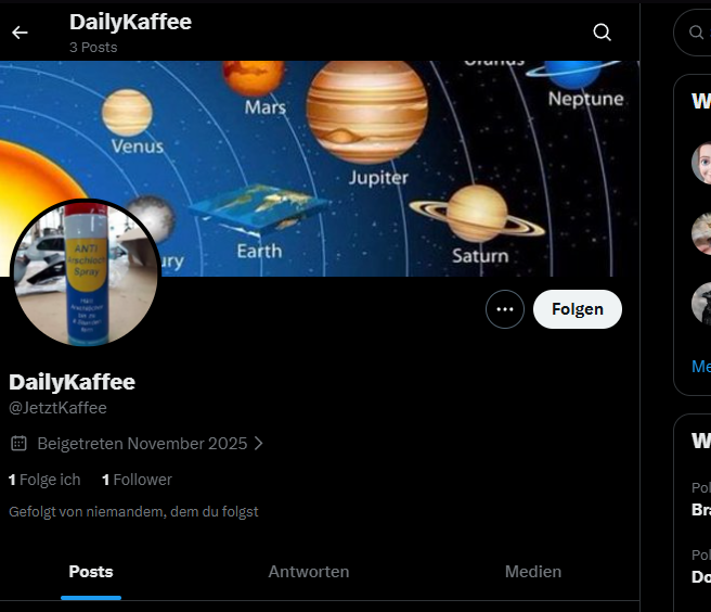 ACHTUNG FAKEACCOUNT

DailyKaffee ᓚᘏᗢ @dailykaffee.bsky.social
Das bin übrigens nicht ich.  (@jetztkaffee auf Twitter, nennt sich DailyKaffee)  Ich habe nichts mit dem Account zu tun.  Das Handle <a href="/DailyKaffee/">DailyKaffee</a> habe ich mir inzwischen als inaktiven Account gesichert.