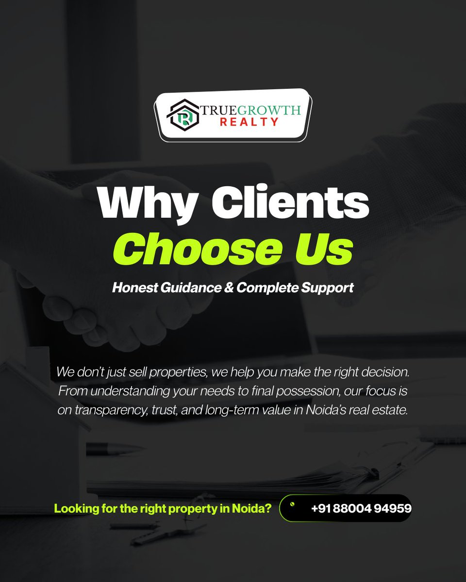 Truegrowth24's tweet photo. Why clients choose Truegrowth Realty 🤝
Because we don’t just sell properties—we guide you with honesty, transparency, and complete support at every step. Your trust is our true growth. 🏡✨#TruegrowthRealty #TrustedRealEstate #NoidaRealEstate #HonestGuidance #CompleteSupport https://t.co/7UxJhYeIm5