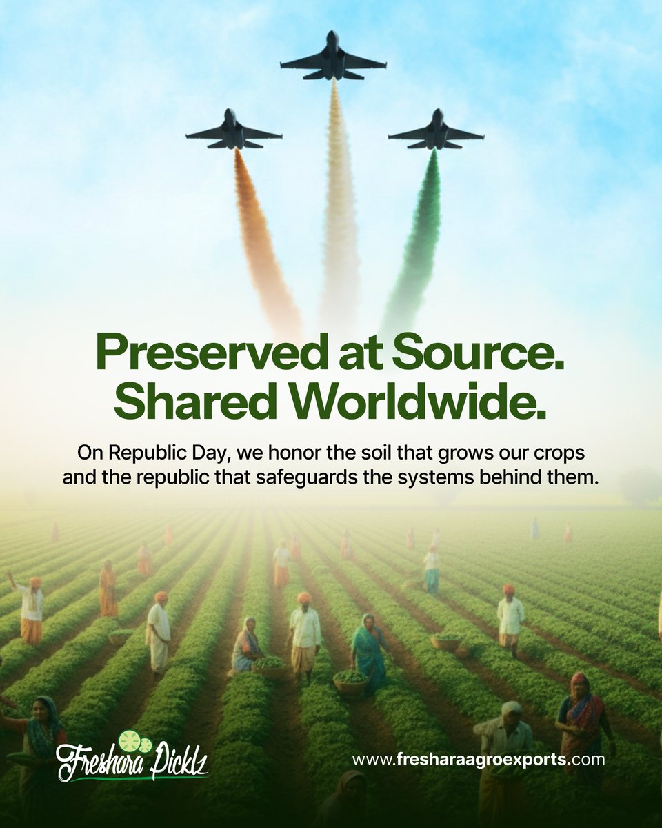 FresharaPicklz's tweet photo. This year marks 150 years of Vande Mataram—a tribute to our land and the bond we share with what it grows. 

From Indian farms to tables worldwide, we’re proud to be part of everyday meals. 🇮🇳

#HappyRepublicDay #FresharaAgroExports #FresharaPicklz https://t.co/tXNqkUqXHf