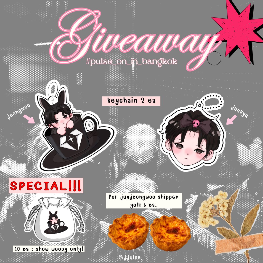 𐙚₊ give away 𐙚₊

#PULSE_ON_IN_BANGKOK 
#TREASURE_PULSE_ON_IN_BKK 

- keychain 25 ea. < 2 ea./person >
* special gift 10 ea : show woopy only *

for junjeongwoo shipper : yolk 5 ea < show bonbon &amp; woopy only > 

date : 16 may 2026
time : tba
location : national stadium