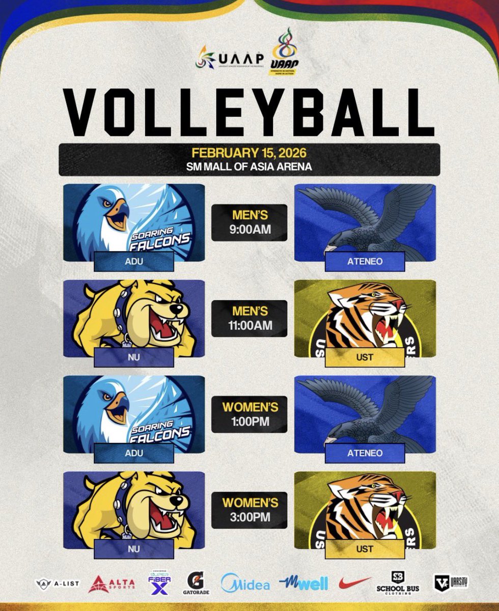 tj_canino's tweet image. 🚨OFFICIAL OPENING GAMES:

📌FEB 14 | MOA ARENA 
✊UP vs 🛡️UE [M] • 9AM — 1PM [W]
🏹DLSU vs 🔰FEU [M] • 11AM — 3PM [W]

📌FEB 15 | MOA ARENA 
🐤AdU vs 🦅ADMU [M] • 9AM — 1PM [W]
🐶NU vs 🐯UST [M] • 11AM — 3PM [W]

HAMPASAN NAAAAA! 🏐