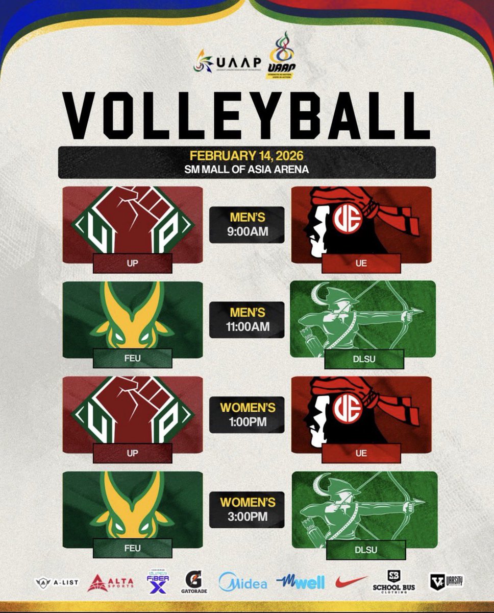 tj_canino's tweet image. 🚨OFFICIAL OPENING GAMES:

📌FEB 14 | MOA ARENA 
✊UP vs 🛡️UE [M] • 9AM — 1PM [W]
🏹DLSU vs 🔰FEU [M] • 11AM — 3PM [W]

📌FEB 15 | MOA ARENA 
🐤AdU vs 🦅ADMU [M] • 9AM — 1PM [W]
🐶NU vs 🐯UST [M] • 11AM — 3PM [W]

HAMPASAN NAAAAA! 🏐