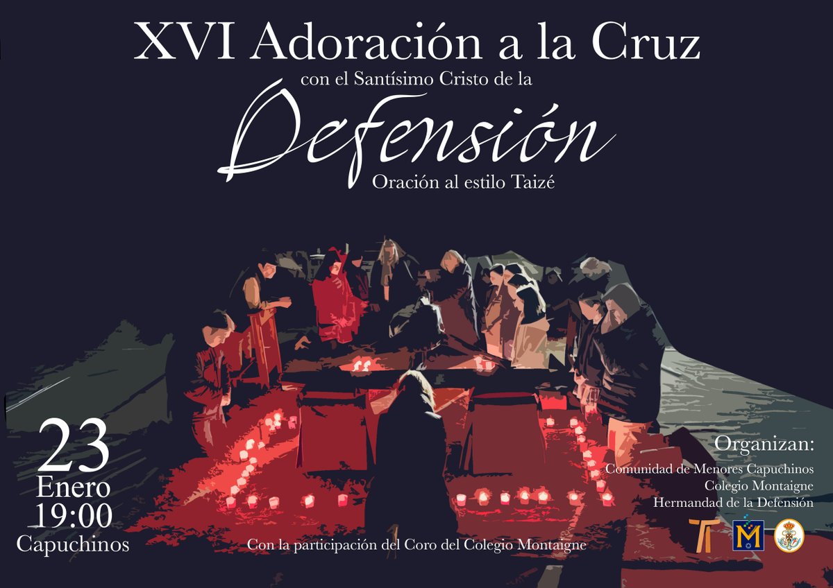 Recuerda! Hoy, a las 19h., Adoración de la Cruz con el Santísimo Cristo de la Defensión. 

Si ya lo viviste, sabemos que repetirás. Si aún no pudiste, te invitamos a un momento inolvidable de oración y meditación en torno a Cristo Crucificado.

<a href="/montaignejerez/">Colegio Montaigne Jerez</a> 
#taize #oracion