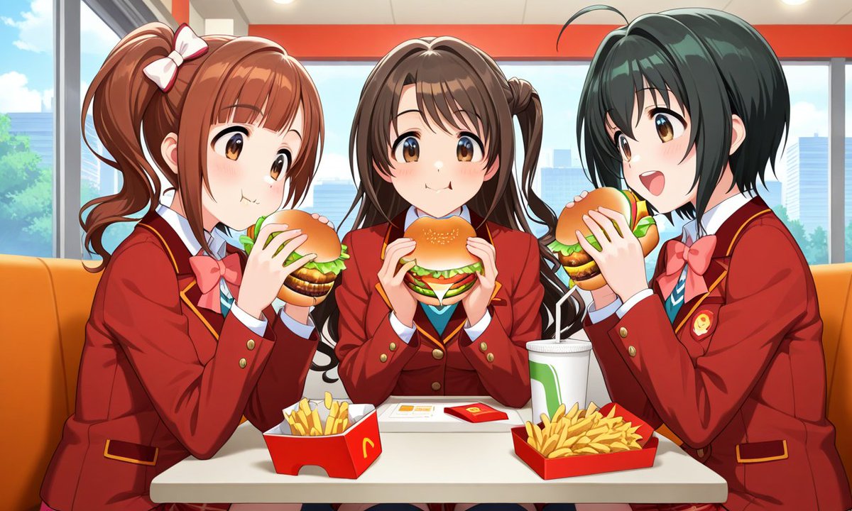 知り合いからのリクエスト ファーストフード店でランチしているピンク