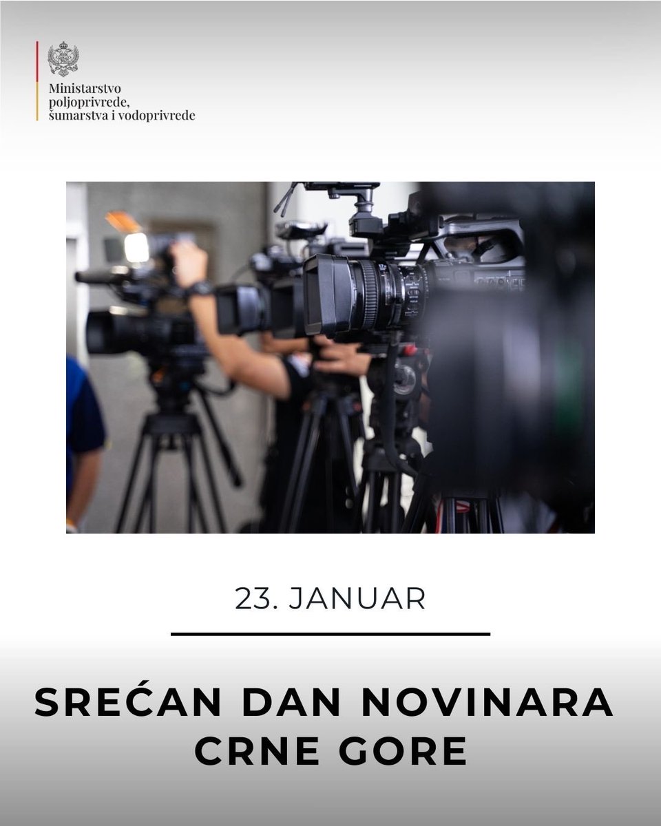 Povodom Dana novinara Crne Gore (23. januar) upućujemo čestitke svim novinarima i medijskim poslenicima 📰.
Novinari su naši važni partneri u prenošenju ključnih informacija o poljoprivredi, proizvođačima i ruralnom razvoju, kao i u promociji načina života koje ona nosi 🌾🤝.