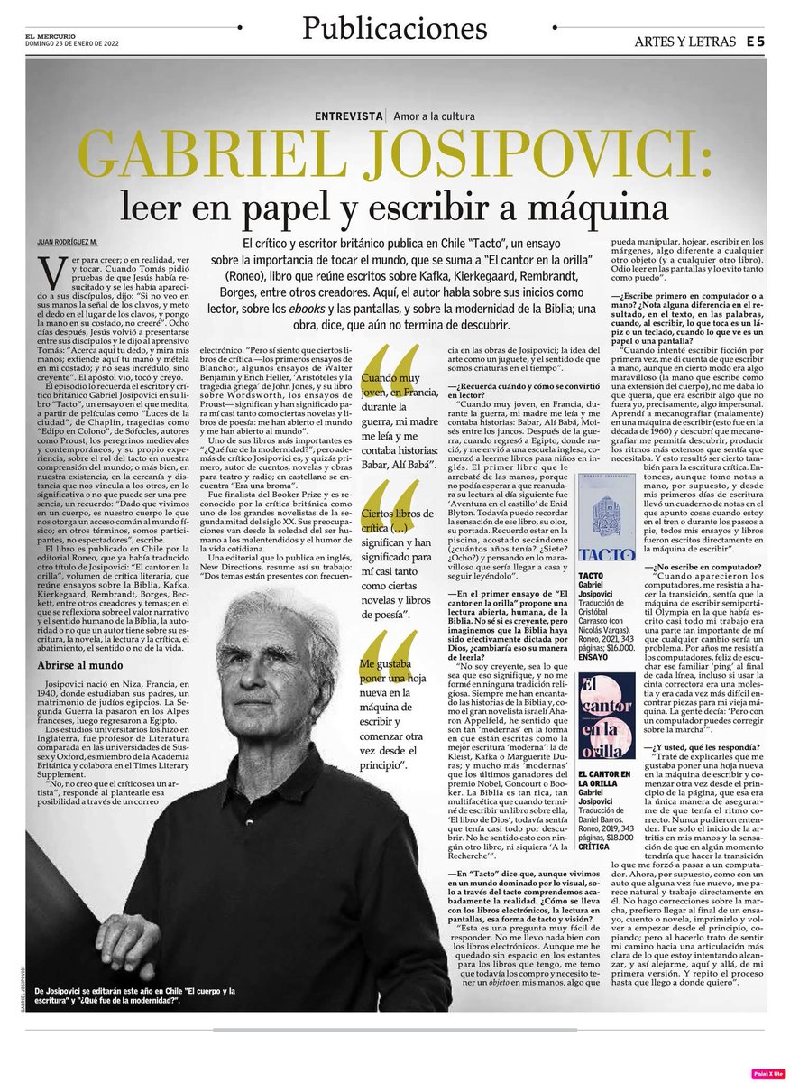 Hace 4 años: LEER EN PAPEL Y ESCRIBIR A MÁQUINA. Entrevista al escritor y crítico GABRIEL JOSIPOVICI, a propósito de sus libros "Tacto" y "El cantor en la orilla", ambos publicados por <a href="/roneoroneoroneo/">Roneo</a>. Recuerda lecturas de niño y por qué le costó dejar la máquina de escribir.