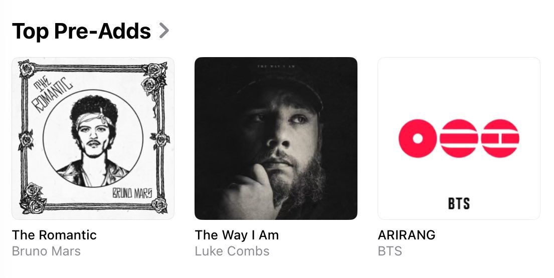 btsdatarchive's tweet image. ARIRANG remains at #3 on Apple Music US Top Pre-Adds Chart. 

Apple Music it’s the 2nd biggest streaming service that will count for ARIRANG on Billboard US Charts, with YouTube no longer counting.

Pre-Add: music.apple.com/us/album/arira…
