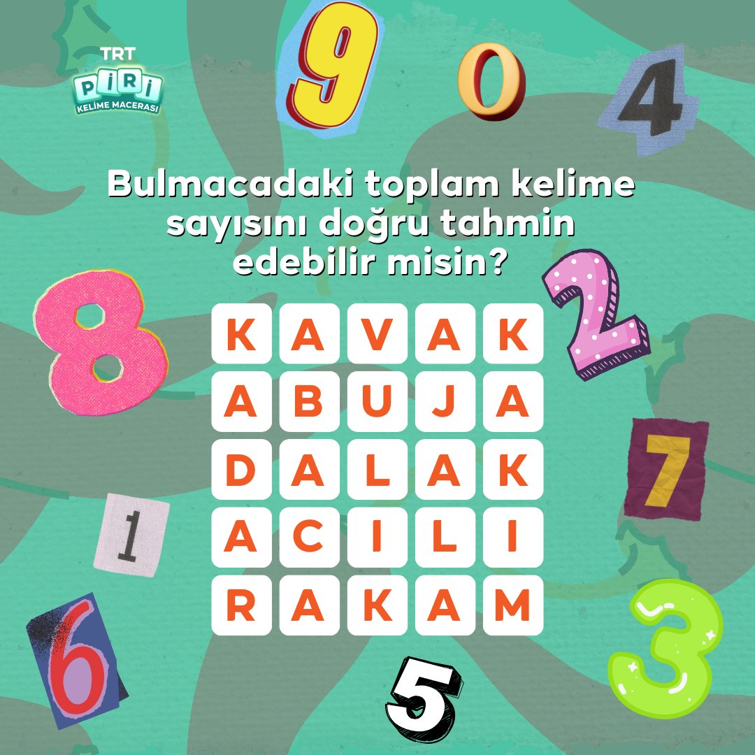 Bakalım kimler kaç kelime bulabilecek! 🌶

Doğru cevap için herkesi yorumlara bekliyoruz! 💬

Türkiye’nin kelime oyunu Piri, eğlenceli dünyasıyla kelimeseverleri bekliyor! 🌳

#TRTPiri #KelimeOyunu