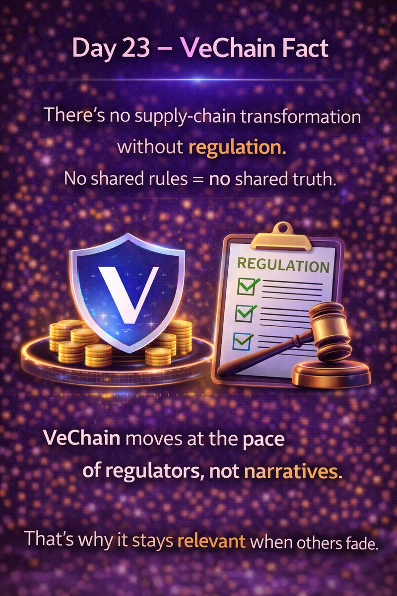 ValuableTX's tweet photo. Day 23 of the #VeChainFacts series!

You can’t meaningfully improve supply chains without regulation

Supply chains span borders, industries, and incentives.
Without common rules, data stays fragmented and trust breaks down

That’s why #VeChain moves in rhythm with regulation and not ahead of it

It’s slower than hype cycles, but aligned with how real systems change -> $VET 🫡
