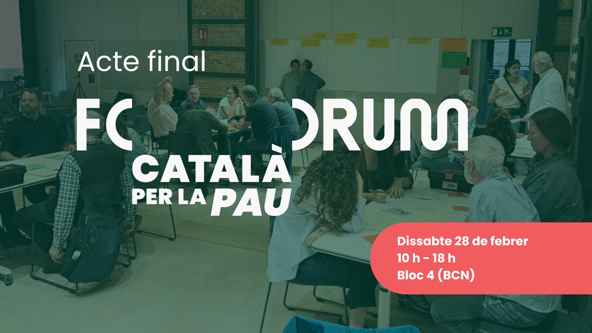 📌 Participa a l'acte final del #FòrumCatPau: dissabte 28 de febrer, de 10h a 18h, al <a href="/Bloc4BCN/">Bloc4BCN - Espai cooperatiu</a> 

Una jornada amb tallers i espais de reflexió sobre la primera política pública de pau de Catalunya 

✍️Inscripcions obertes: icip.cat/ca/event/acte-…