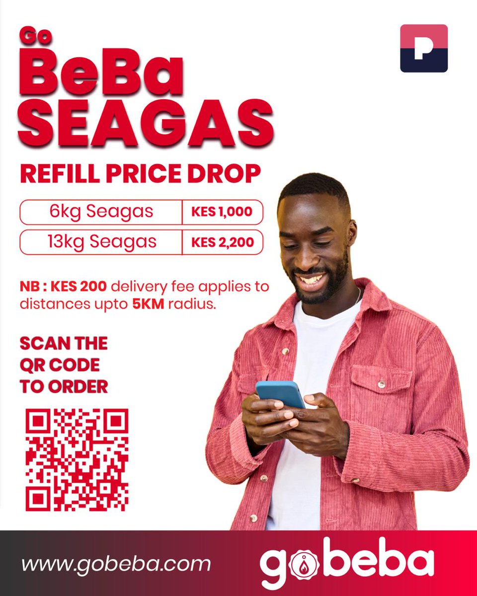 Good news 🎉
 Bei za GoBeba SEAGAS sasa zimepungua: thamani zaidi, ubora ule ule unaoaminika.
Jaza  6kg SEAGAS kwa KES 1,000 na 13kg SEAGAS KES 2,200. 
Usisubiri. Scan QR code uagize yako leo!