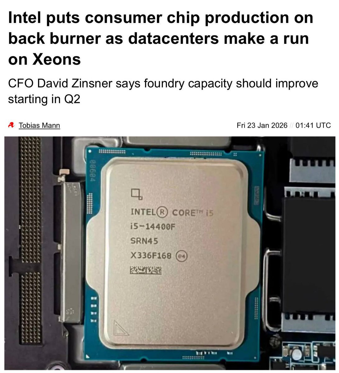 nexta_tv's tweet image. Intel is cutting production of consumer PC processors

The company will prioritize Intel Xeon and other chips needed for AI data centers.

Intel is not planning to fully abandon its Core lineup for now, but shortages and rising prices should be expected.