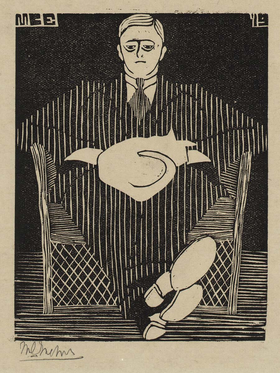 marysia_cc's tweet image. M.C. Escher, Seated Man with a Cat on his Lap, woodcut, 1919
