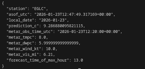 flatmoonsoc's tweet image. Prediction market experimentation continues. This time i've built model that takes historical weather forecast from last 5+ years + METAR stations data. Based on that and current METAR readings we try to predict highest temp for today. London station first.
