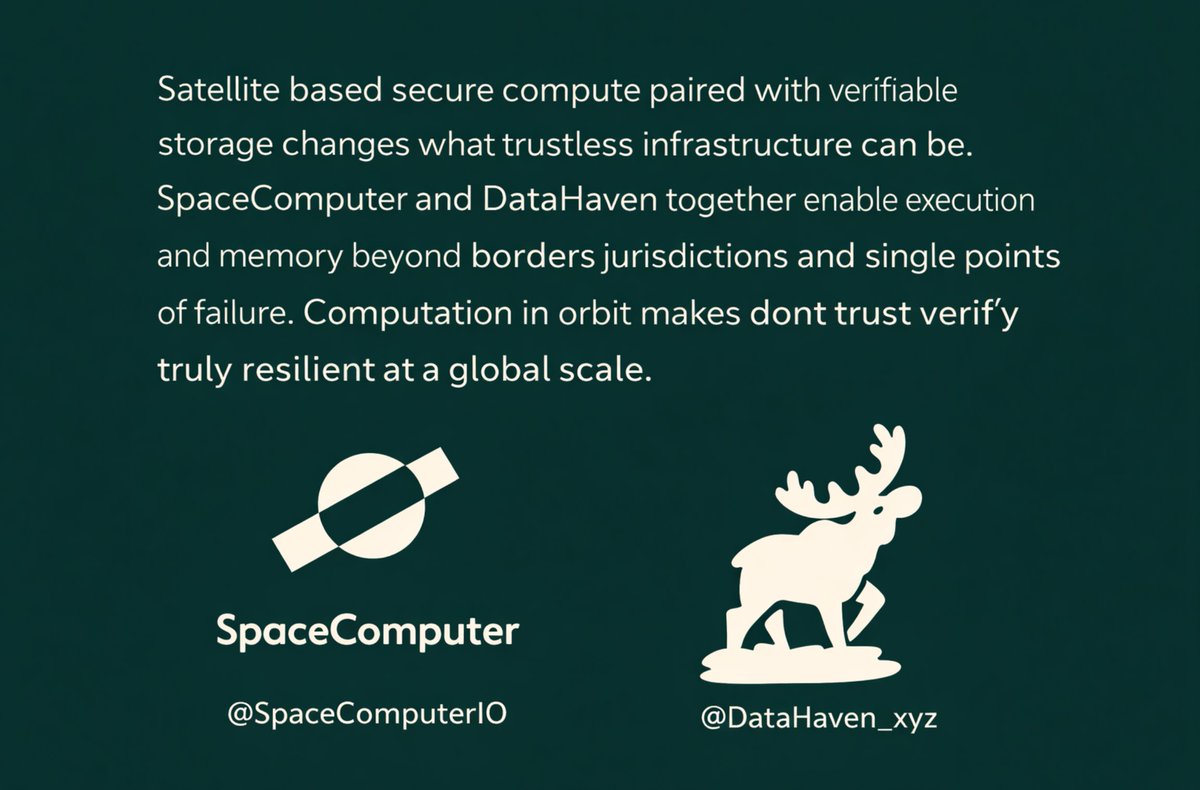 Progressinso's tweet image. Dexter sees stars beyond Earth on clear nights at Camp Haven SpaceComputer enables 🐿️ secure space compute while DataHaven preserves proofs and memories I hope this network is trusted for AI privacy and global users where compute and storage
@DataHaven_xyz @SpaceComputerIO