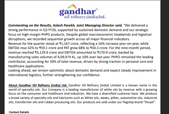 Gandhar Oil Refinery (India) Ltd – Strong Q3 FY26 Performance
-------------------------------------------
Gandhar Oil Refinery has delivered a solid Q3 FY26, supported by steady domestic demand and a higher contribution from high-margin PHPO products. Despite global macro