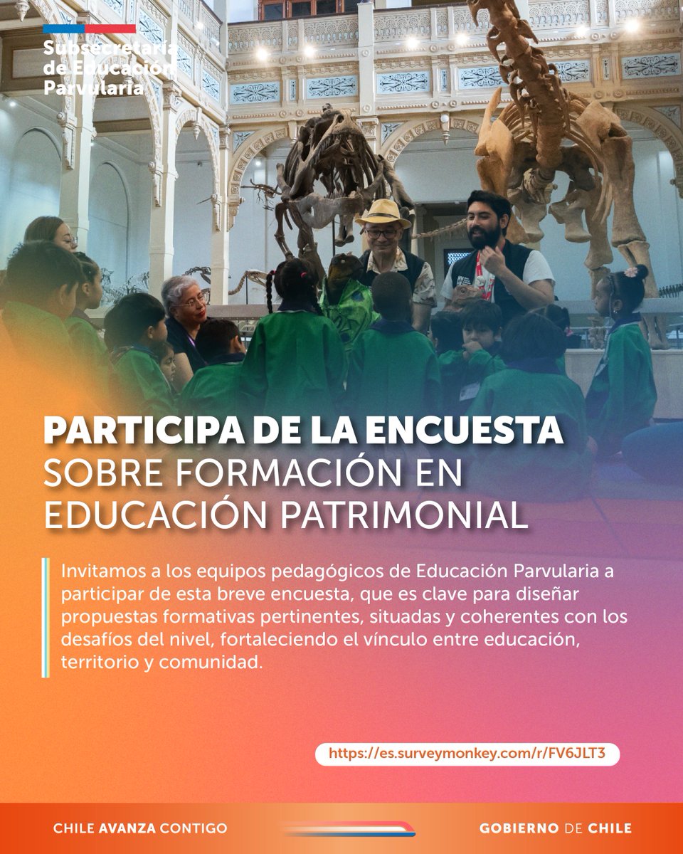 Participa y ayúdanos a seguir fortaleciendo una educación patrimonial. Invitamos a educadoras, educadores y técnicos en Educación Parvularia a responder una breve encuesta sobre intereses y necesidades de formación en educación patrimonial. 🔗es.surveymonkey.com/r/FV6JLT3.