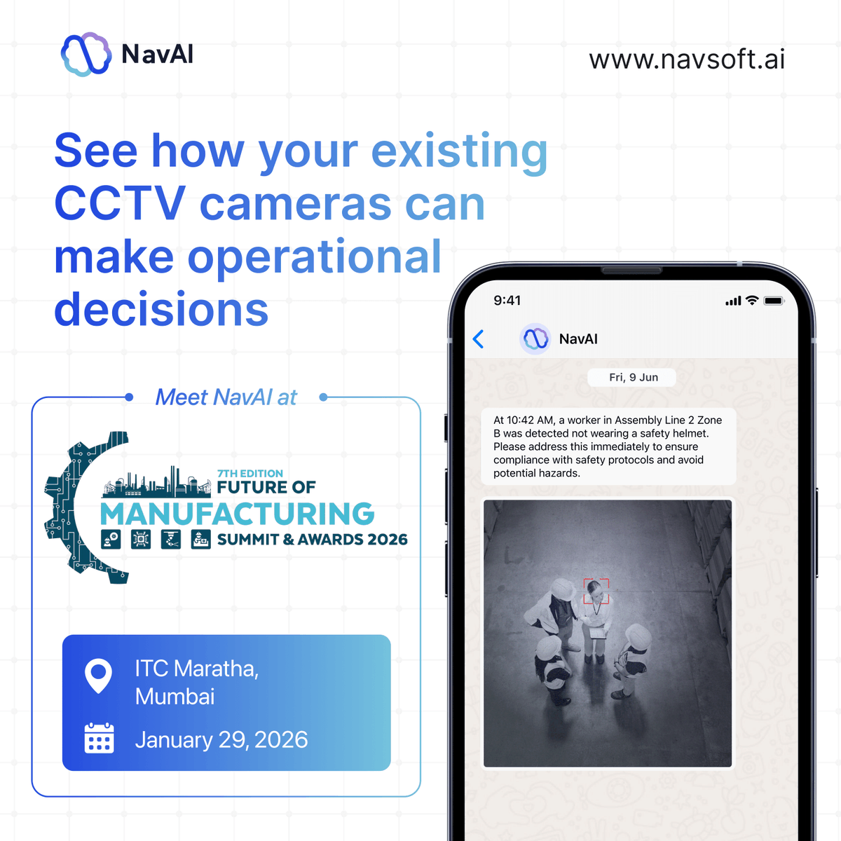 NavAIofficial's tweet photo. #Manufacturing incidents are often preventable with early detection.

At the Future of Manufacturing Summit, #NavAI is showcasing how #AI powered #CCTVAnalytics help detect safety risks and anomalies in real time.

📍 ITC Maratha, Mumbai | 🗓️ 29 Jan 2026

https://t.co/nXNQdyHwnr https://t.co/EWk7WwCC1P