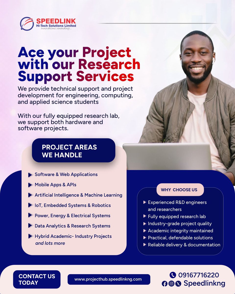 Build a professional, defendable, and industry-grade project with expert research and technical support from Speedlink Innovation company.
Engineering &amp; Computing Projects, Hardware, Software &amp; AI. Clean documentation. Contact us today: wa.me/2349167716220
#speedlink #AI