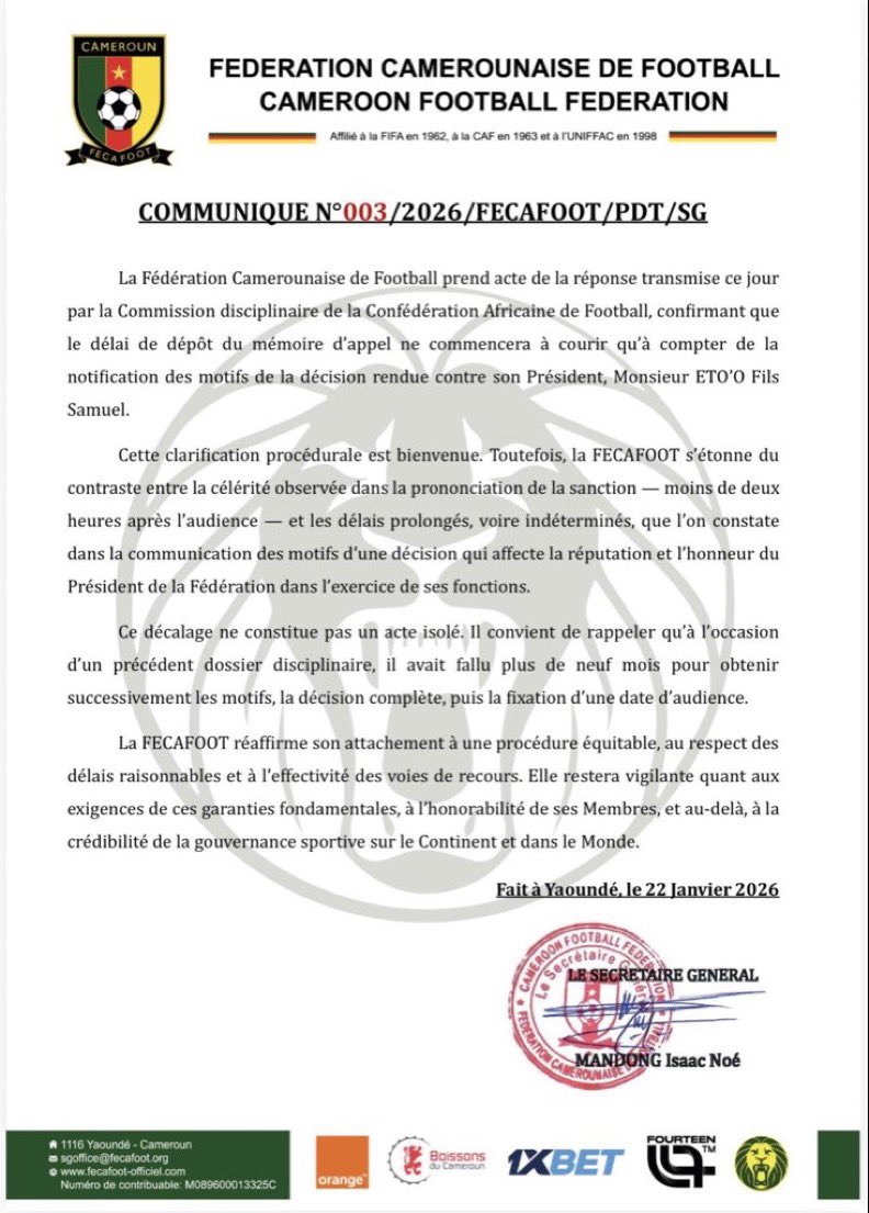 drpenking's tweet image. CAF SCANDAL: Cameroon Denounces the Same EXPEDITIOUS METHODS Now Looming Against Senegal!

The Cameroonian Football Federation (FECAFOOT) has just released a damning statement exposing the SAME procedural manipulations as those denounced by Senegal!

FECAFOOT officially condemns…