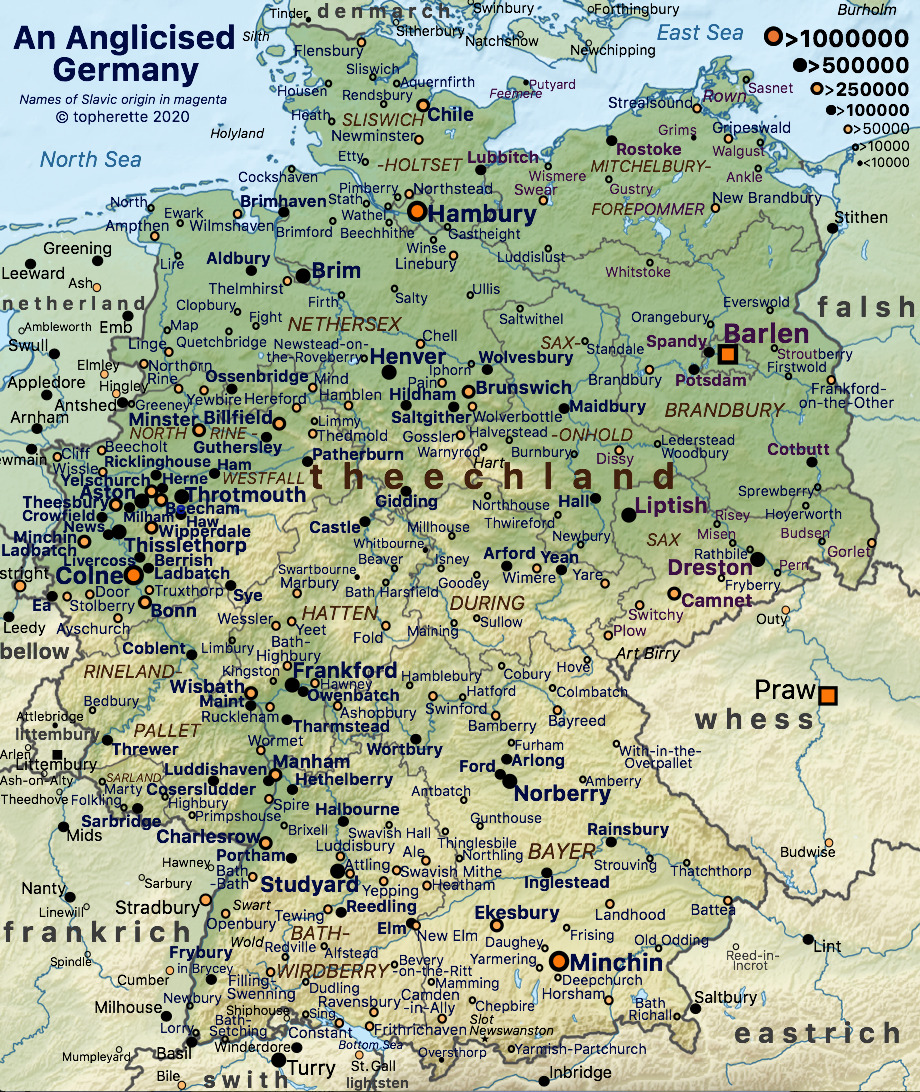 vintagemapstore's tweet image. German place-names rendered into English (morphologically reconstructed with attention to ultimate etymology and sound evolution processes).

by u/topherette