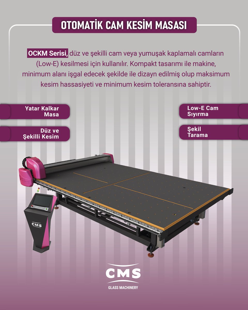 cmsglassmachine's tweet photo. OCKM Series is used for cutting flat, shaped, or soft-coated glass. The cutting operations are performed using a diamond cutter. With its compact design, the machine is engineered to occupy minimal space while offering maximum cutting precision and minimum cutting tolerance. https://t.co/tWw6KU0EoP