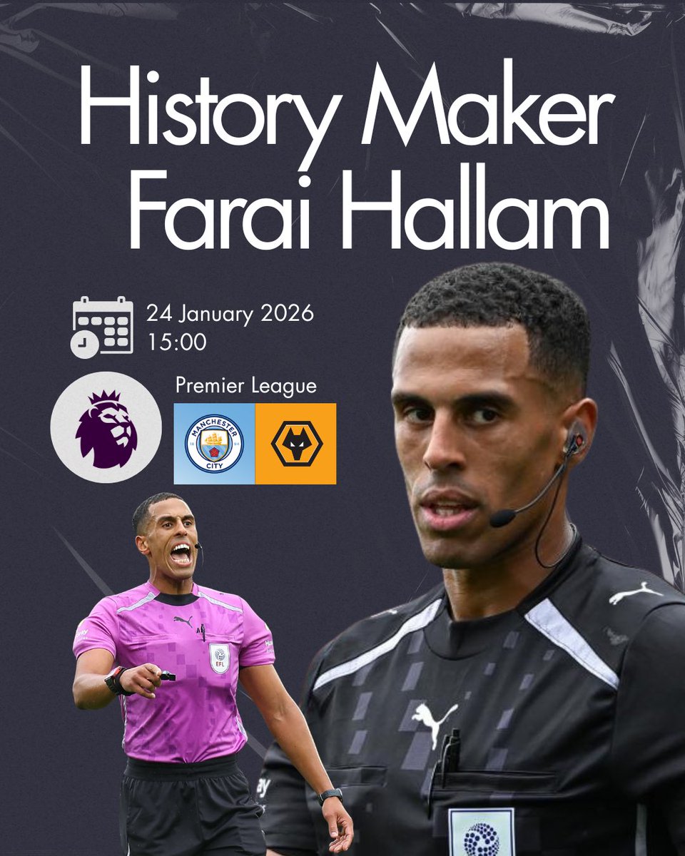 BAMREFOfficial's tweet photo. This week we featured on one, ground breaking, appointment. 

Farai Hallam makes history this weekend, as the first referee of African Heritage to take charge of a @premierleague fixture when he steps out at 3pm on Match-week 23 for the contest between @mancity and @wolves ⚽️ https://t.co/G1bHeTfqnS