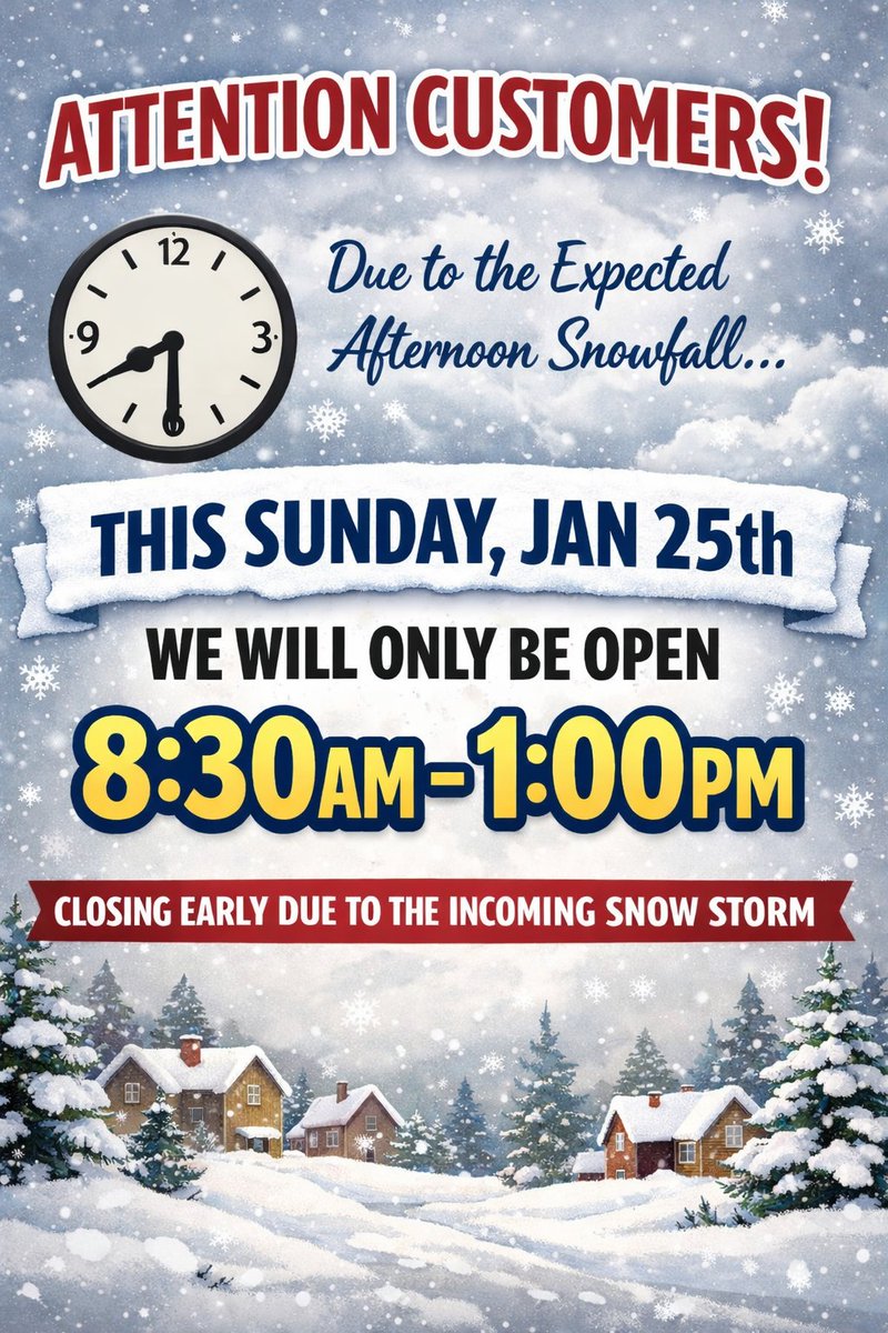 stjosephbakery's tweet photo. This Sunday, January 25th, we will be closing early with the expected storm coming. https://t.co/inFOe0Ys0g