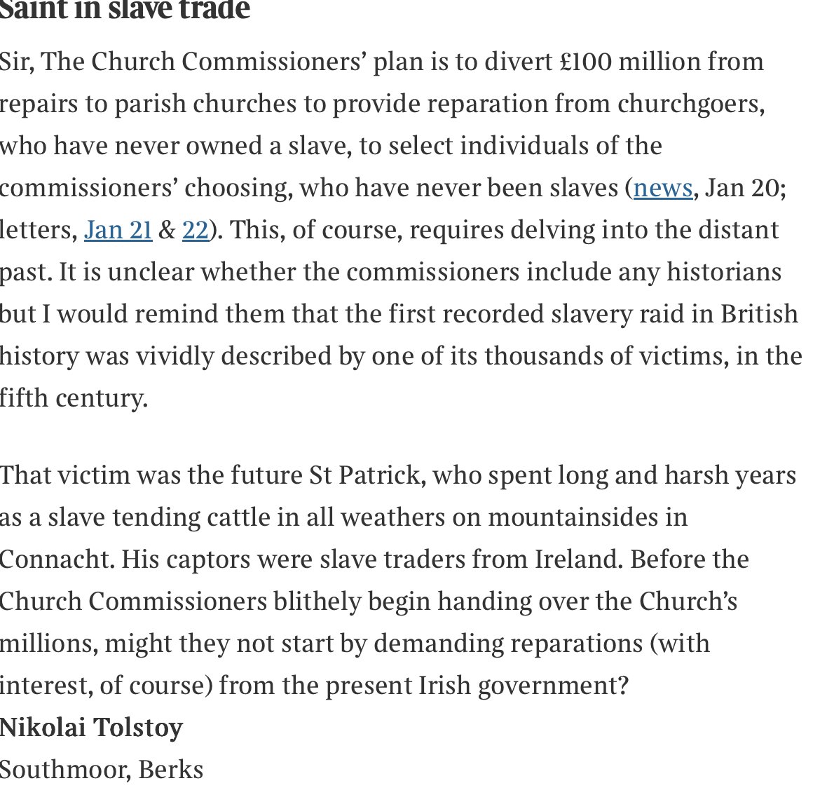 A welcome witty response to the Church Commissioners' plan to attribute money and guilt/victimhood on the basis of skin colour - letter in The Times today: thetimes.com/comment/letter…