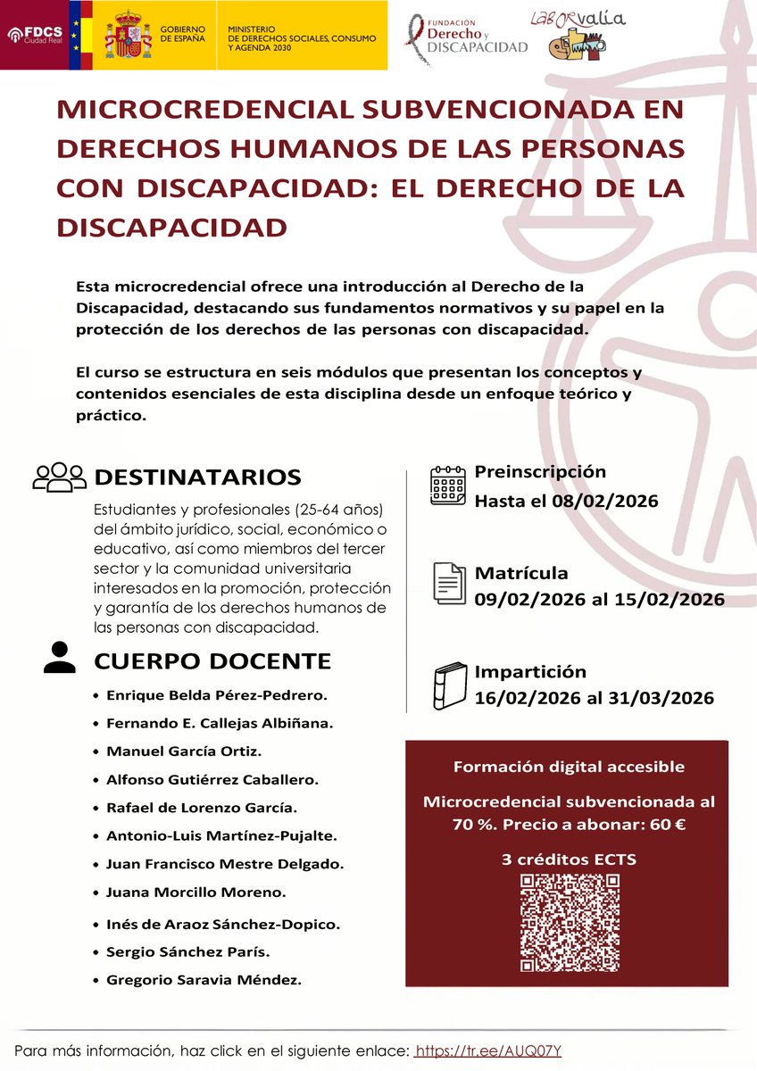 FundacionDerDis's tweet photo. 📣Fórmate en Derechos Humanos de las Personas con Discapacidad.

🗓️ Preinscripciones hasta el 08/02/2026
📚 6 módulos
💻Virtual
💶 Precio subvencionado: 60 €

🔗Más información: https://t.co/cHng57mlbI

@fdcs_cr @FundacionDerDis @Laborvalia https://t.co/3f4NBZnDGI