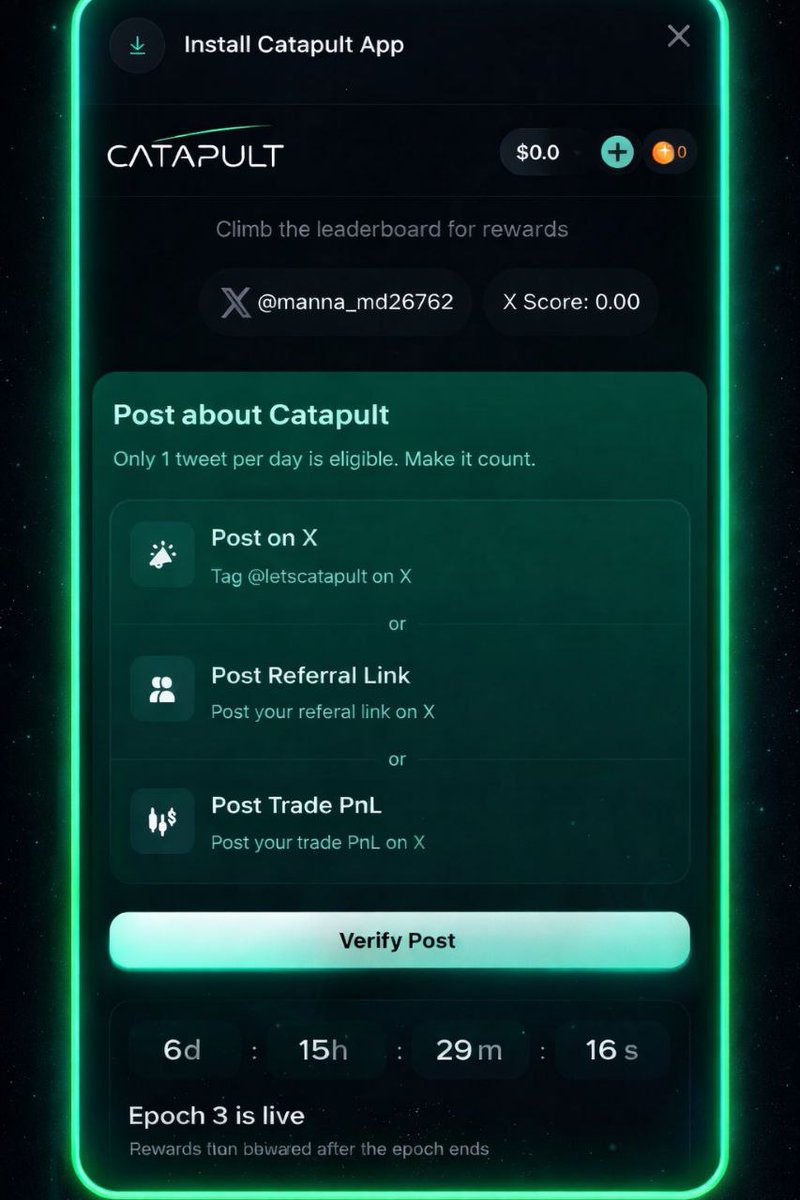 MahmudulRahman3's tweet photo. Mindshare Mining on @letscatapult is simple:

Not about how much capital you have.
It’s about how consistent you are.

One post a day.
One step up the leaderboard.
Let’s grind this epoch 📷 https://t.co/N89NffIb4W