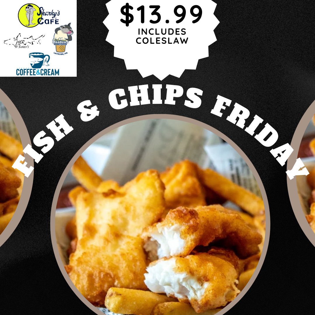 🌤️ No snow yet! Enjoy the weekend before the storm! ❄️ $9.99 specials: 3 Soup Flight &amp; 2 Large Pizza Slices! Plus, Fish &amp; Chips for $13.99! 🍹 Happy Hour starts at 4 PM! BOGO 50% off Pizza! #SharkysCafe #ThePier #WeekendEats #LatrobeEats