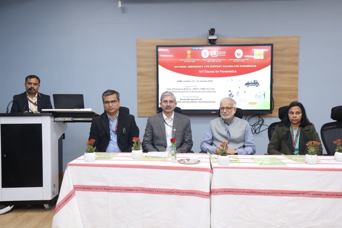 aiims_jodhpur's tweet photo. AIIMS Jodhpur inaugurates a 3-day National Emergency Life Support (NELS) ToT course for paramedics under the aegis of the Disaster Management Cell, MoHFW, in collaboration with JPN Apex Trauma Centre, @aiims_newdelhi 

The program aims to create “Master Trainers” to strengthen trauma care, pre-hospital response & life-saving skills during the golden hour, enhancing emergency medical services across the region.

#AIIMSJodhpur #NELS #EmergencyCare #Paramedics #HealthcareIndia

@JPNadda @mpprataprao @AnupriyaSPatel @MoHFW_INDIA