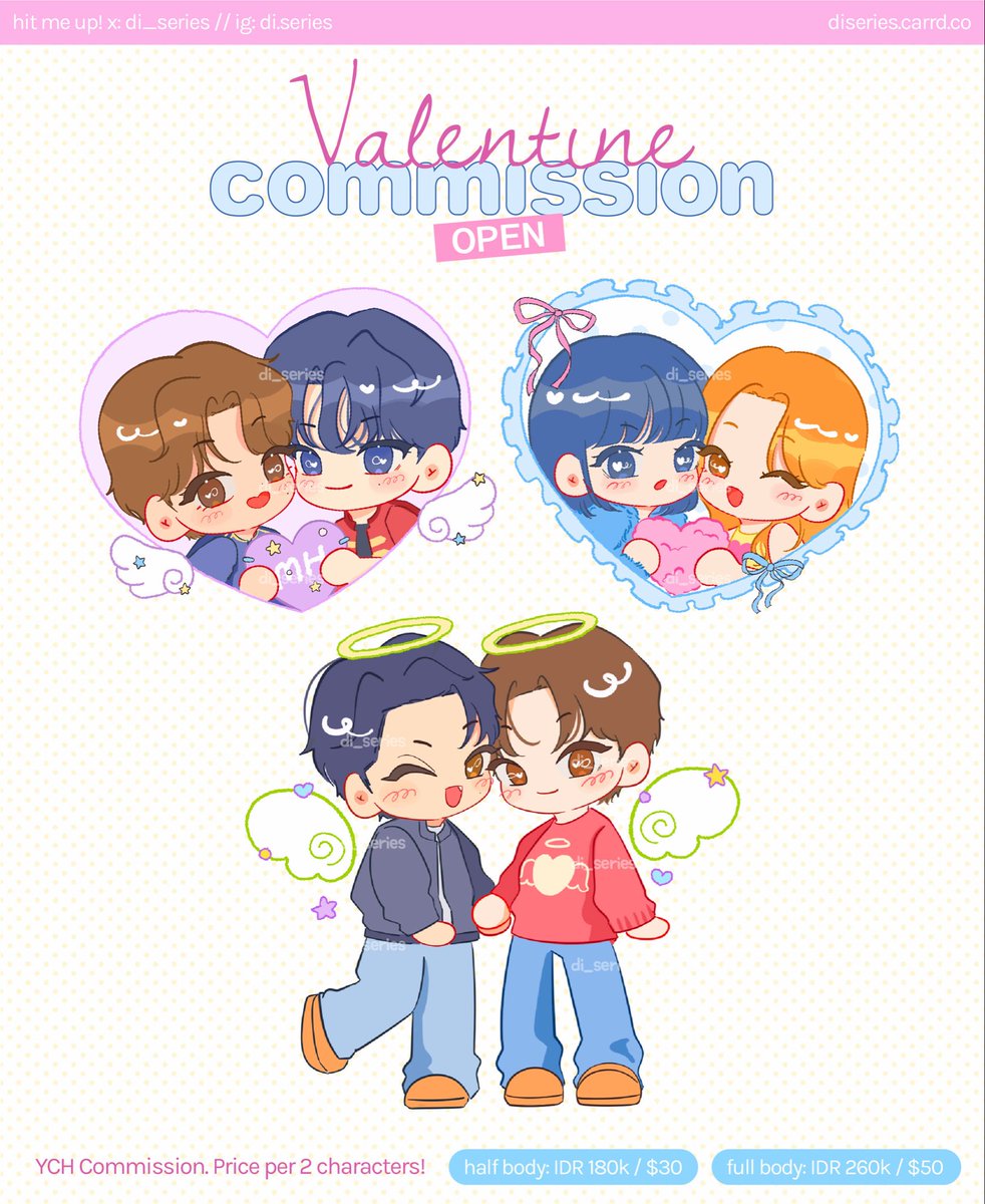 [♡ + ↻ appreciated!] 

YCH Valentines commission open!  ༘⋆💞
— avail 2 options; half &amp; full body
— limited slots, accepting reqs until Feb 5th
— DM to book a slot

🎀 more info below
