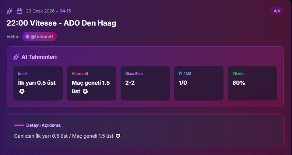 analysisdays's tweet image. 🇳🇱 Vitesse - ADO Den Haag (22:00) ⏰

Yapay zeka Hollanda'yı mühürledi! 🤖 %80 güven oranıyla gol şöleni bekliyoruz 📊

✅ AI Tercihi: İlk Yarı 0.5 ÜST 🔥 Alternatif: Maç Geneli 1.5 ÜST 🎯 Skor: 2-2

İstatistikler net, kasanın gücünü yanına al! 🍀💰

#EersteDivisie #AnalizGünü
