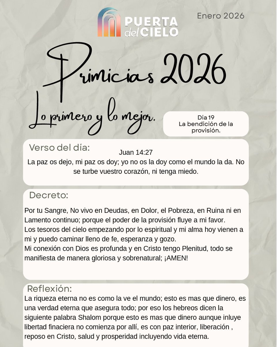 Día 19 de #Primicias2026 🍇
Caminamos bajo la bendición de la provisión, confiando en la paz y plenitud que Dios nos da.