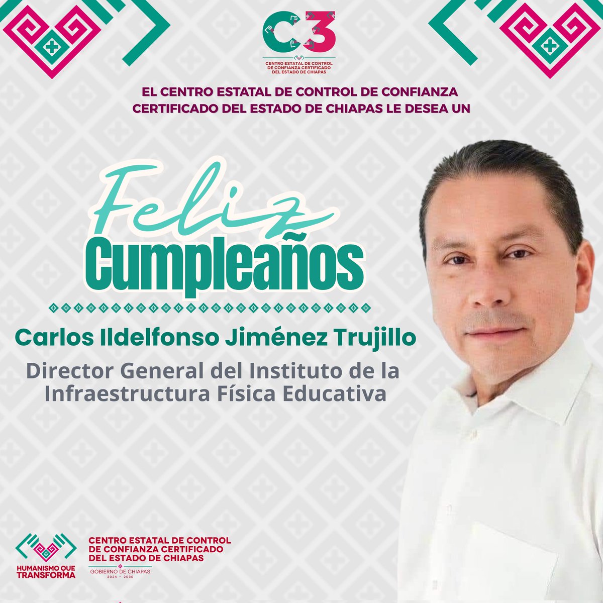 Ceccc_chis's tweet photo. Con motivo de su cumpleaños, extendemos una atenta felicitación al Ing. Carlos Ildelfonso Jiménez Trujillo.
Deseamos que este nuevo año de vida esté acompañado de salud, fortaleza y éxitos en su labor al servicio de Chiapas.
Reciba nuestro reconocimiento y mejores deseos. https://t.co/zA8K08py2S
