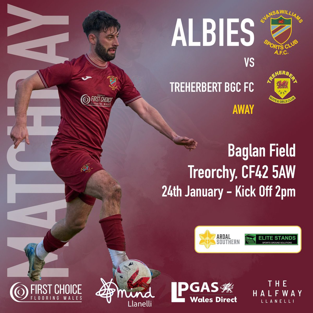 EvansWilliamsFC's tweet image. 𝙈𝙖𝙩𝙘𝙝𝙙𝙖𝙮 𝟭𝟳

🆚 @Treherbert_Snrs 
🗓️ Saturday 24th January 
🕣 Kick off : 2:00pm
📍 Bagland Field, Treorchy, CF42 5AW.

This Saturday, we are on the road to play Treherbert Boys and Girls Football Club in an @ArdalSouthern South West League fixture.

#Albies