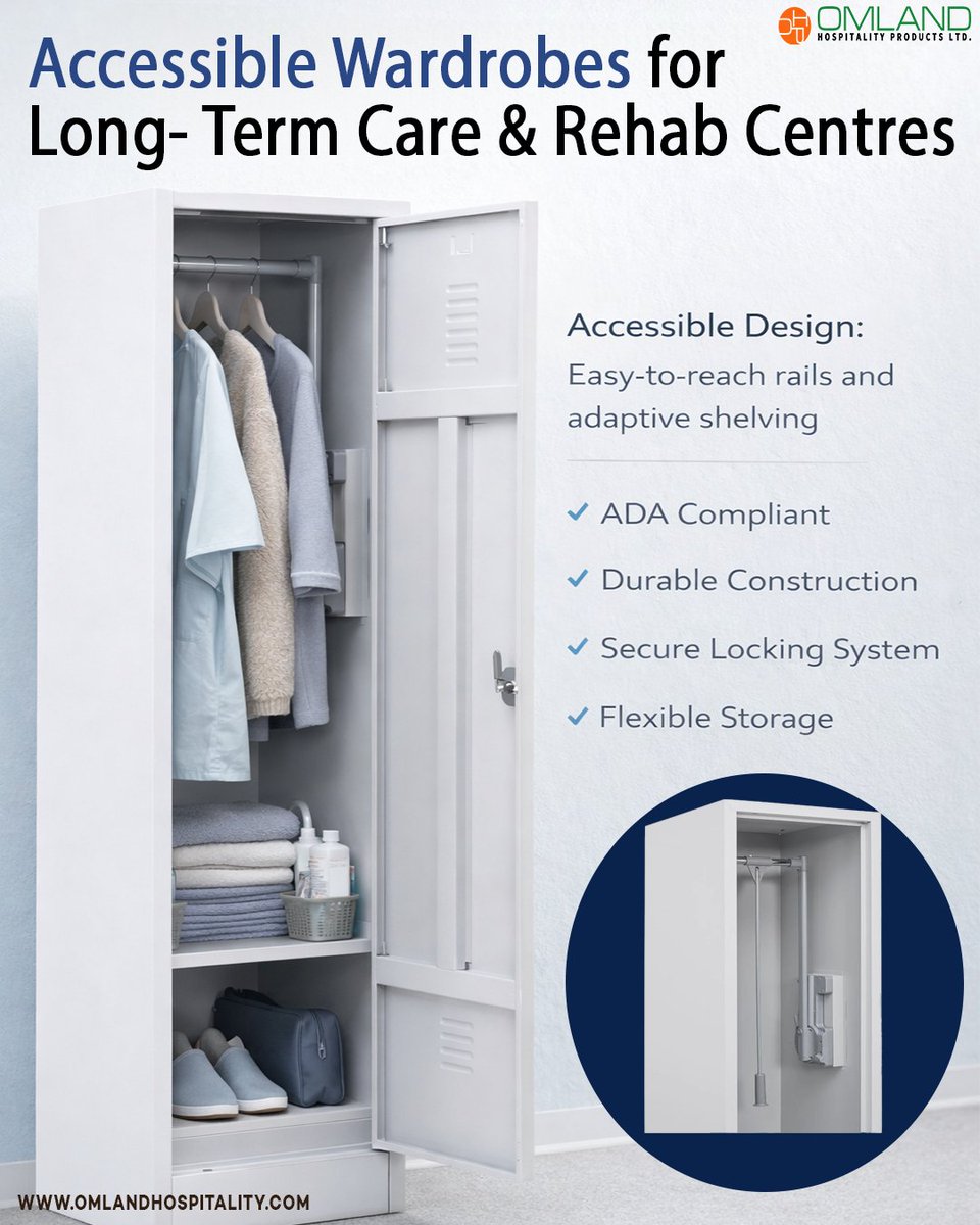 Accessible Wardrobes - Durable, adaptive storage with easy-to-reach rails, secure locking and flexible shelving, designed to support independence in long‑term care and accessible facilities.

#accessiblewardrobes #healthcarefurniture #longtermcaresolutions #omlandhospitality