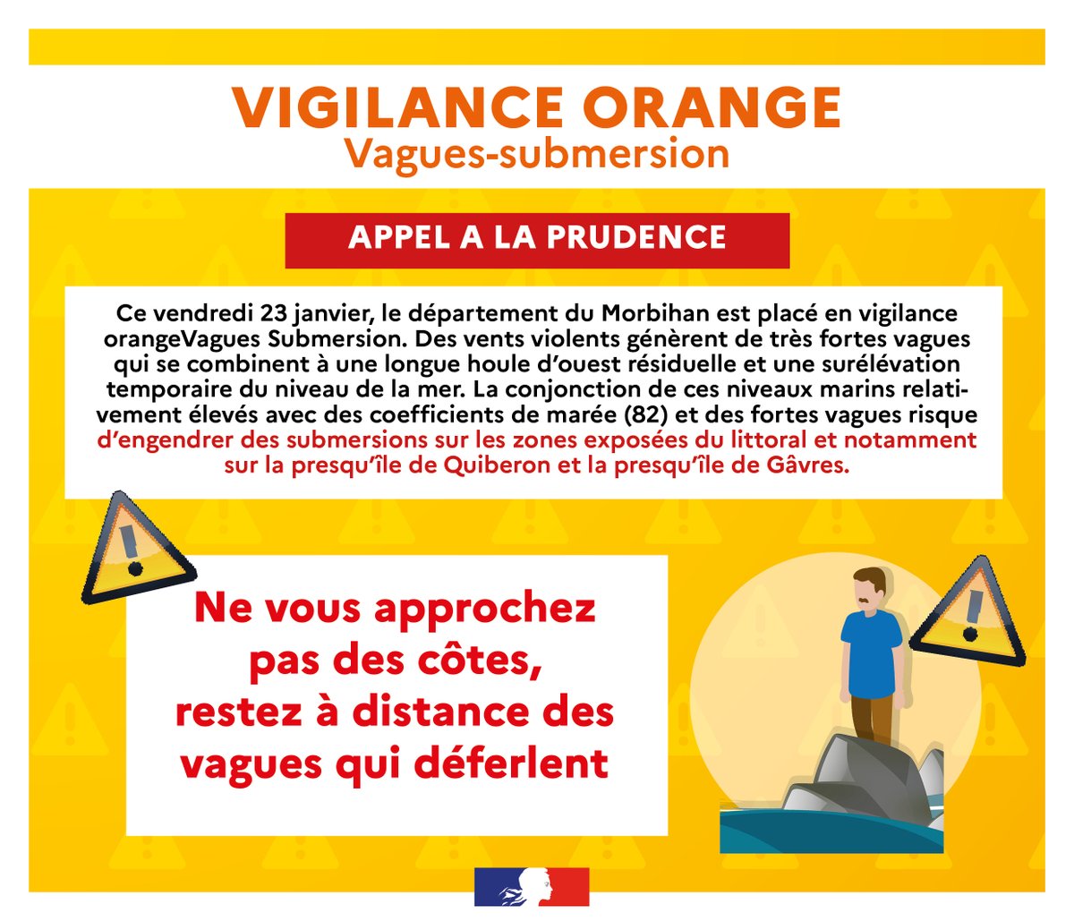 Image de Préfet du Morbihan - Vigilance météo | 🌊
Appel à la prudence ⚠️
Ce vendredi 23 janvier, le département du #Morbihan est 