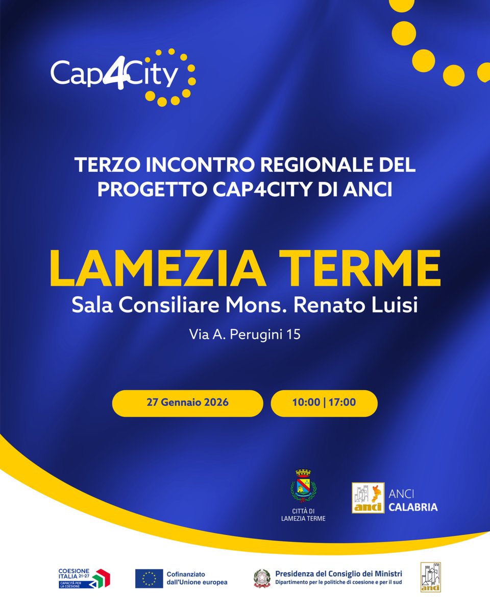 CapCoe2127's tweet image. #SaveTheDate #Cap4City fa tappa a Lamezia Terme per il terzo incontro con sindaci, amministratori, direttori generali, dirigenti e funzionari degli #entilocali della Calabria.
Programma e iscrizioni qui 👉 bit.ly/cap4city_lamez…
@ANCI_comunicare @TgrRaiCalabria @Entilocali_o