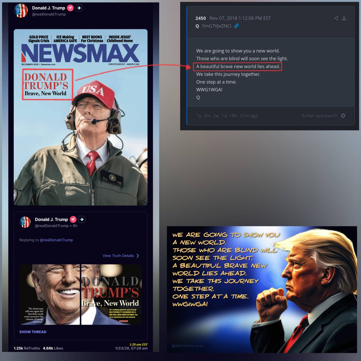 We are going to show you a new world. 
Those who are blind will soon see the light.
A beautiful brave new world lies ahead. 
We take this journey together.
One step at a time.
WWG1WGA!
Q