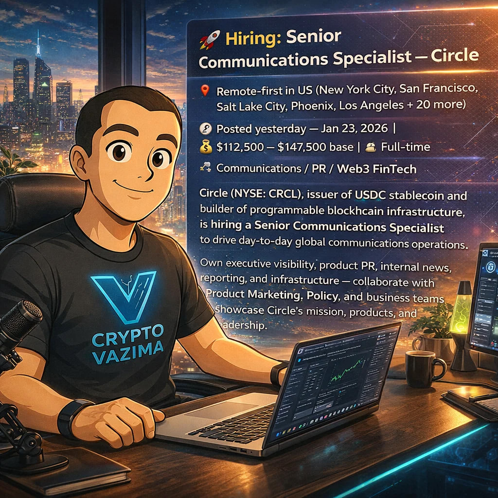 🚀 Hiring: Senior Communications Specialist — Circle 📍 Remote-first in US  | 💼 Full-time | 🧑‍💻 Comms / PR | 💰 $112.5k–$147.5k base | 🕐 Posted  yesterday — Jan 23, 2026 Circle (
